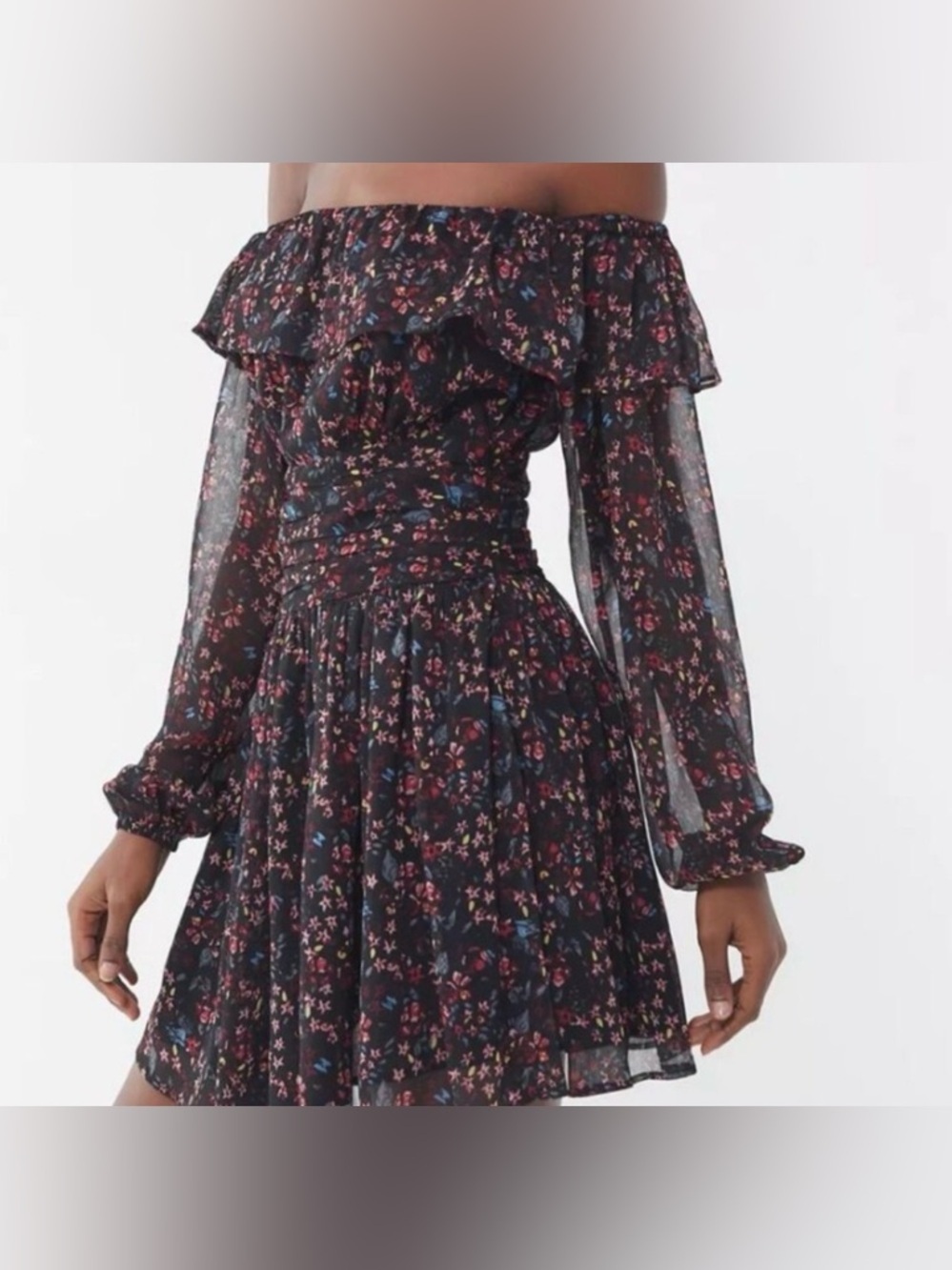 NWT Urban Outfitters Elaine floral black summer mini dress off the shoulder 8